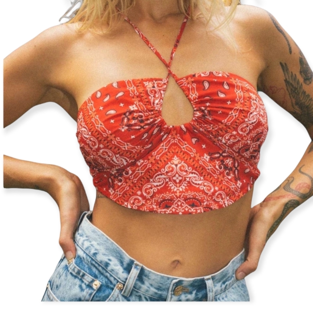 Princess Polly Jagger & Stone The Cruz Red Bandana Print Halter Tie Top Size 8